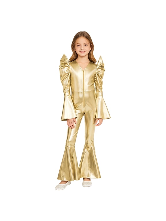 Shiny Hippie Kids Girls 70S Disco Jazz Dance Jumpsuit Long Sleeves Metallic Bell Bottom Flare Bodysuit Rompers Gold 6