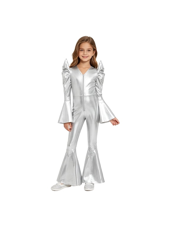 Shiny Hippie Kids Girls 70S Disco Jazz Dance Jumpsuit Long Sleeves Metallic Bell Bottom Flare Bodysuit Rompers Silver 6