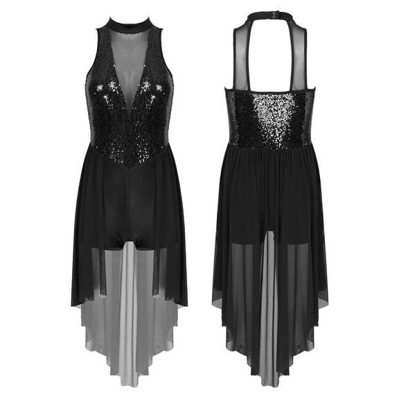 Aiihoo Shiny Sequins Lyrical Dance Dress Modern Contemporary High-Low Skirted Leotard Dancewear for Women Black S