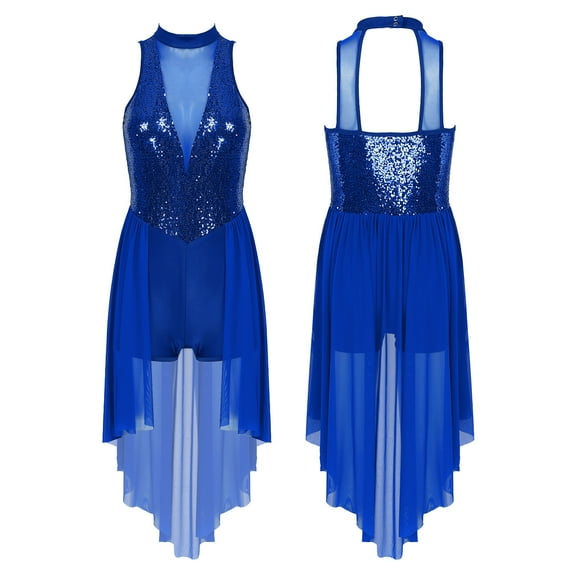 Aiihoo Shiny Sequins Lyrical Dance Dress Modern Contemporary High-Low Skirted Leotard Dancewear for Women Royal_Blue XXL