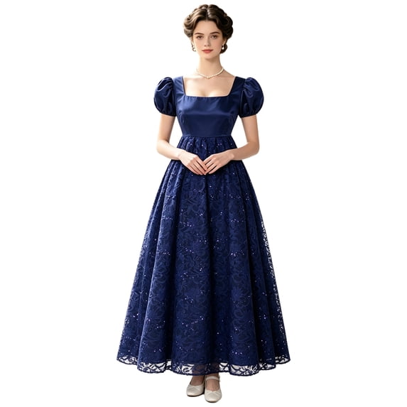 Aiihoo Victorian Dress Empire Waist Women Vintage Long Dreses Regency Party Gown Woman Square Neck Sequined Lace Elegant Party Dress Navy Blue L