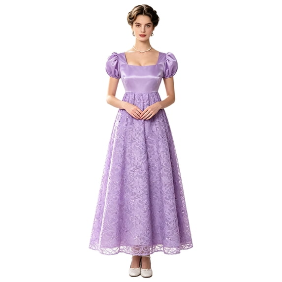 Aiihoo Victorian Dress Empire Waist Women Vintage Long Dreses Regency Party Gown Woman Square Neck Sequined Lace Elegant Party Dress Purple XXL