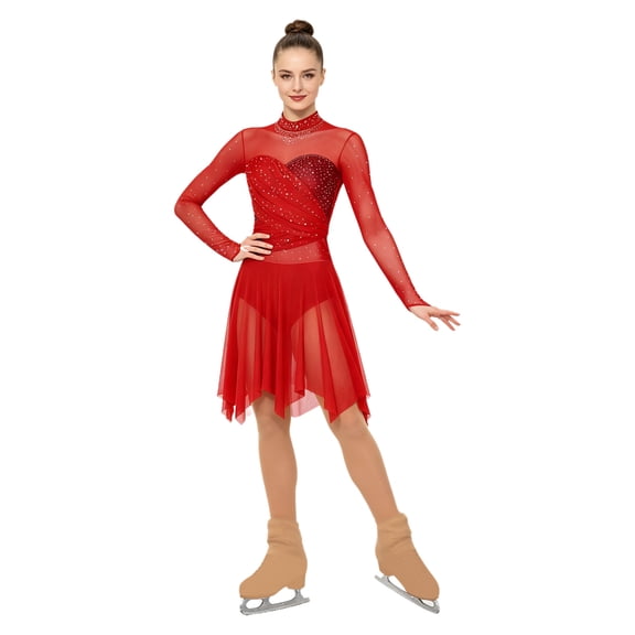 Aiihoo Women Figure Skating Dress Sheer Mesh Shiny Rhinestone Bodysuit Dresses Ballet Dance Gymnastics Acrobatics Performance Dancewear Red S
