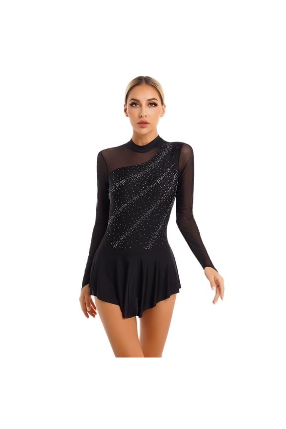 Women Figure Skating Dress Shiny Rhinestones Lyrcial Dresses Modern Contemporary Dance Wear Black S