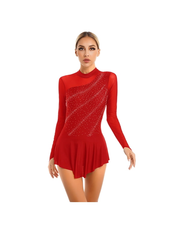 Women Figure Skating Dress Shiny Rhinestones Lyrcial Dresses Modern Contemporary Dance Wear Red S