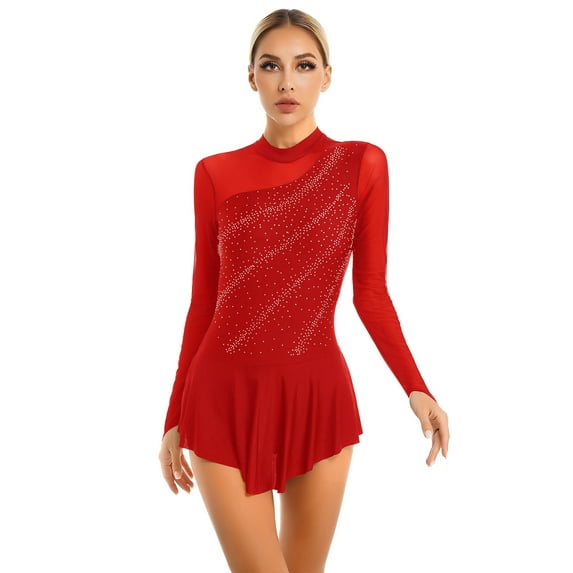 Aiihoo Women Figure Skating Dress Shiny Rhinestones Lyrcial Dresses Modern Contemporary Dance Wear Red XXL