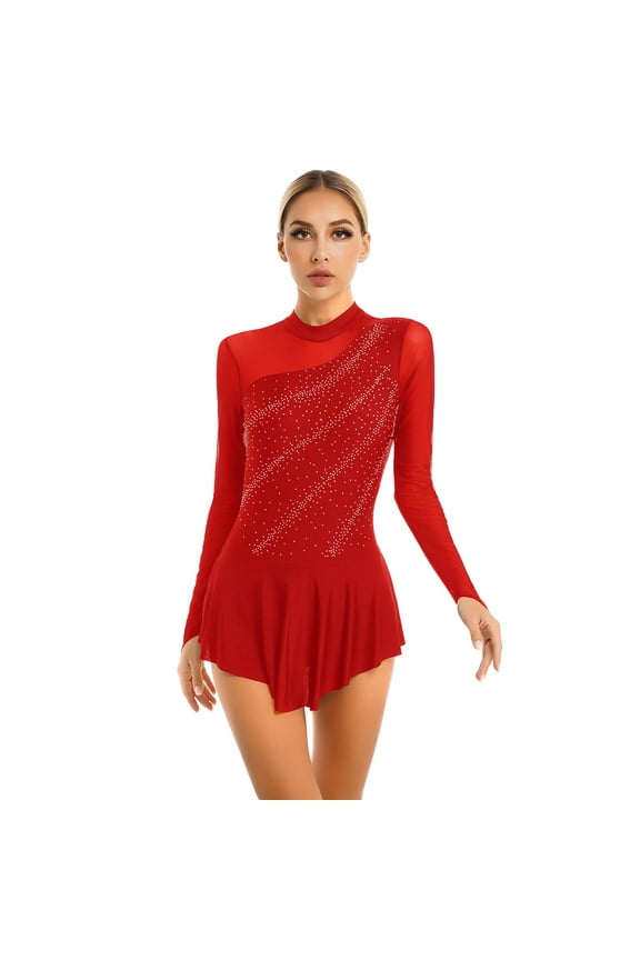 Women Figure Skating Dress Shiny Rhinestones Lyrcial Dresses Modern Contemporary Dance Wear Red XXL