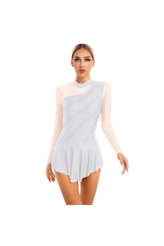 Women Figure Skating Dress Shiny Rhinestones Lyrcial Dresses Modern Contemporary Dance Wear White L