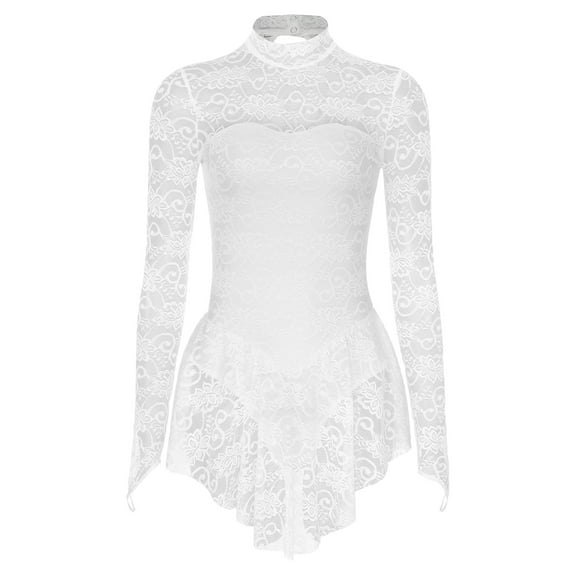 Aiihoo Women Floral Lace Ballet Dance Dress Fingerpoint Sleeves Figure Ice Skating Leotard Dress Ivory XL