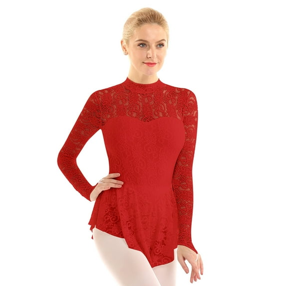 Aiihoo Women Floral Lace Ballet Dance Dress Fingerpoint Sleeves Figure Ice Skating Leotard Dress Red XL