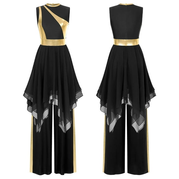 Aiihoo Women Liturgical Worship Praise Dance Dress Metallic Irregular Overlay Dress with Pants Black 3XL