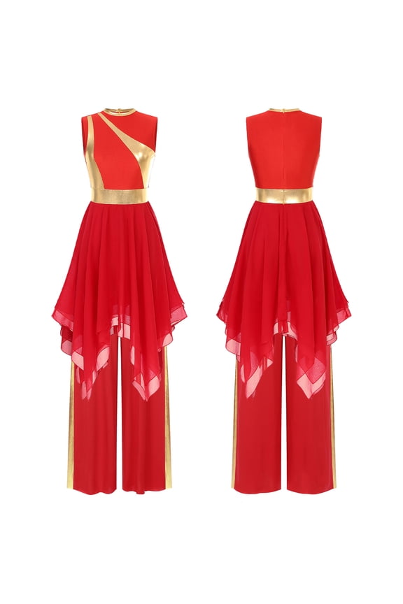 Women Liturgical Worship Praise Dance Dress Metallic Irregular Overlay Dress with Pants Red S
