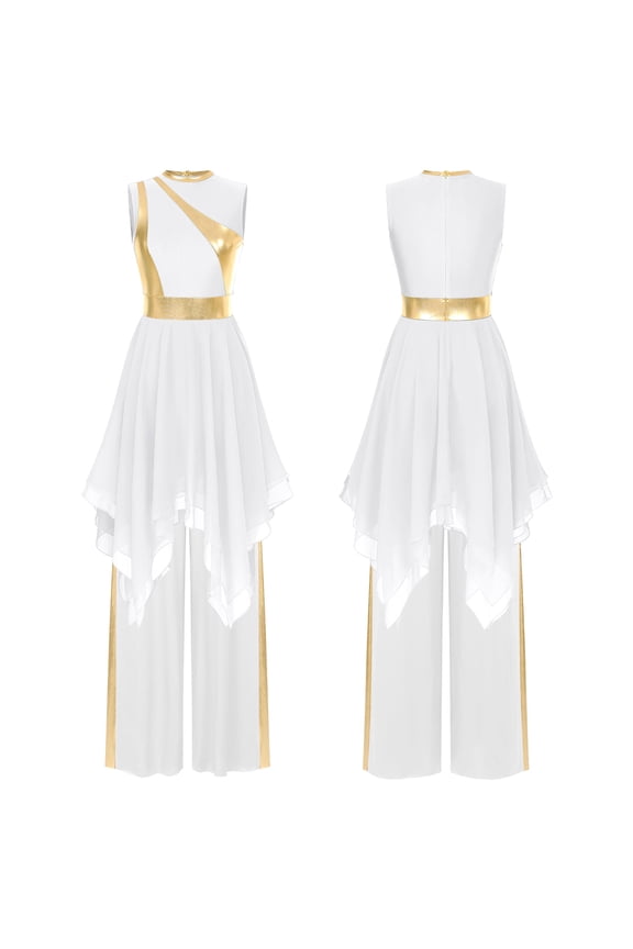 Women Liturgical Worship Praise Dance Dress Metallic Irregular Overlay Dress with Pants White S