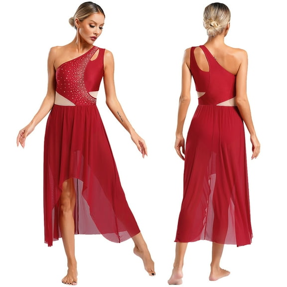 Aiihoo Women Lyrical Dance Dress One Shoulder Mesh Contemporary Dance Dress Asymmetrical Chiffon Skirt Burgundy XL