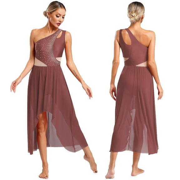 Aiihoo Women Lyrical Dance Dress One Shoulder Mesh Contemporary Dance Dress Asymmetrical Chiffon Skirt Dusty Pink M