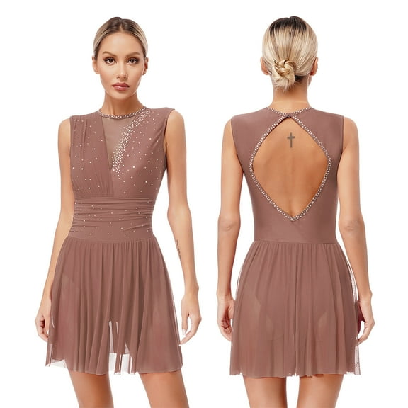 Aiihoo Women Lyrical Dance Dress Sleeveless Ballet Leotard Shiny Rhinestones Figure Skating Dress Dusty Pink XXL