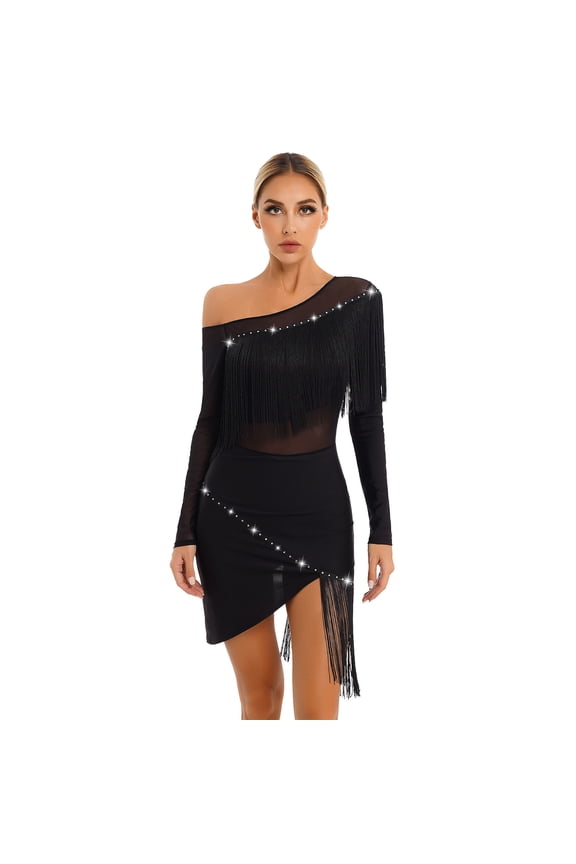 Women Off Shoulder Rhinestone Mesh Patchwork Latin Dance Dress Tassel Salsa Cha Cha Dance Dress Black L