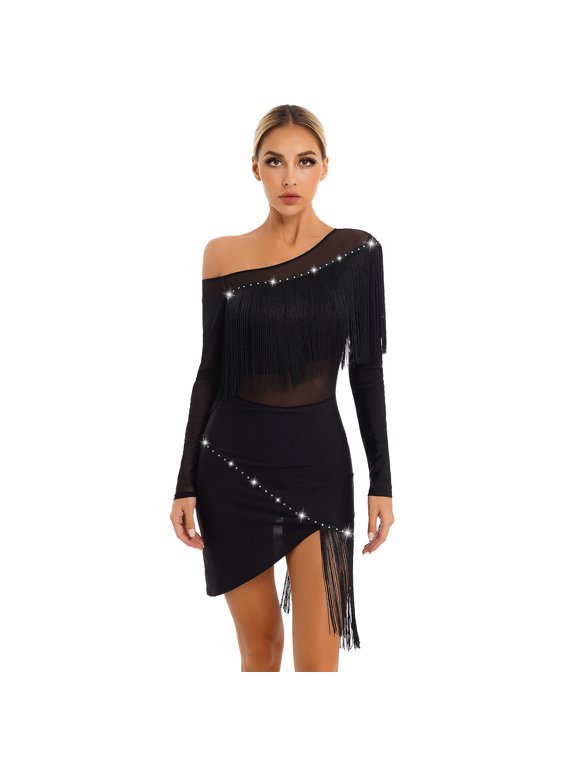 Women Off Shoulder Rhinestone Mesh Patchwork Latin Dance Dress Tassel Salsa Cha Cha Dance Dress Black S