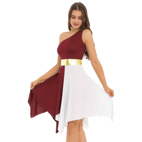 Aiihoo Women One Shoulder Liturgical Praise Dance Dress Asymmetrical Worship Dresses Lyrical Dance Dress Burgundy M