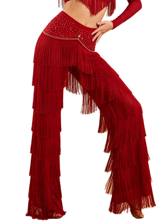 Women Practice Performance Trousers Latin Salsa Layered Tassel Elastic Waist Dance Pants for Competition Party Red S