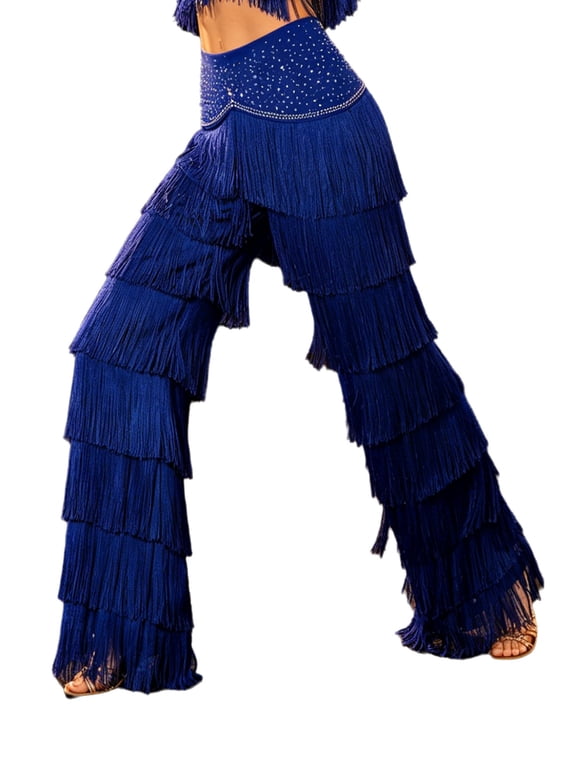Women Practice Performance Trousers Latin Salsa Layered Tassel Elastic Waist Dance Pants for Competition Party Royal Blue L