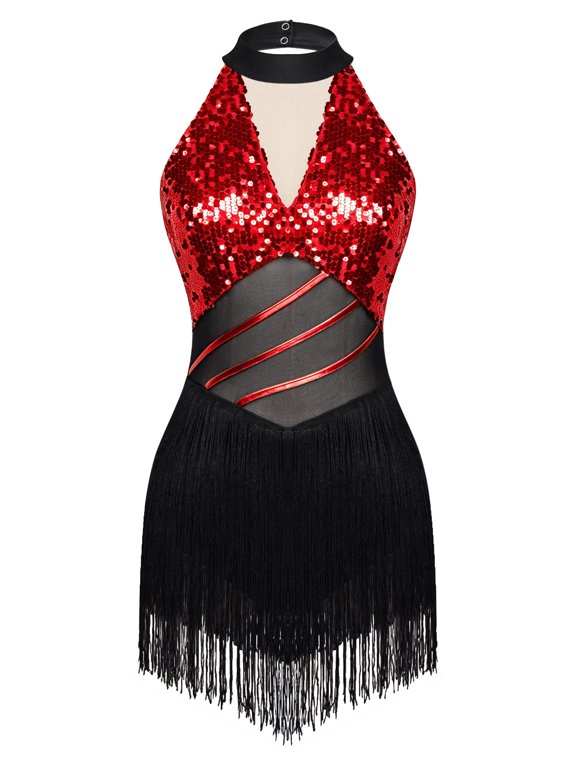 Women Sequins Cutout Latin Tango Salsa Jazz Dance Tassel Gymnastics Dress Ballet Performance Fringed Dress Red S