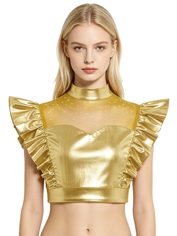 Women Shiny Metallic Tank Tops Mesh Patchwork Rhinestone Ruffle Crop Tops Modern Dance Shirts Vest Gold S