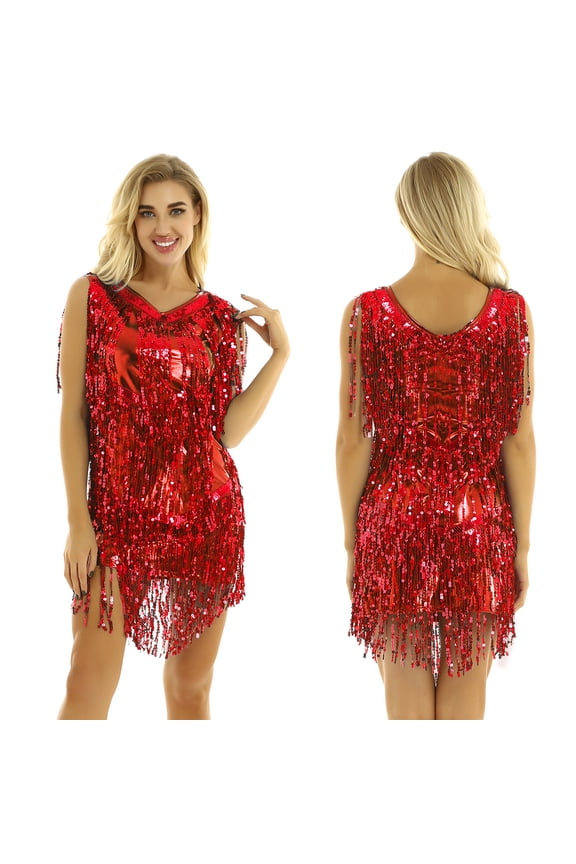 Women Shiny Metallic Tassel Latin Samba Tango Dress Sleeveless Dress 1920s Cocktail Party Red M