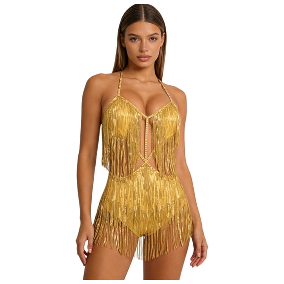 Aiihoo Women Show Girl Jazz Dance Spaghetti Straps Sparkly Glitter Belly Dancer Outfit Swing Gold M