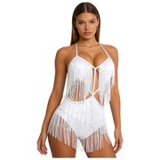 Aiihoo Women Show Girl Jazz Dance Spaghetti Straps Sparkly Glitter Belly Dancer Outfit Swing White S