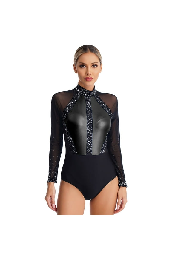 Women Sparkly Gymnastics Leotard Dress Long Sleeve Ballet Dancewear Figure Ice Skating Dress Black S