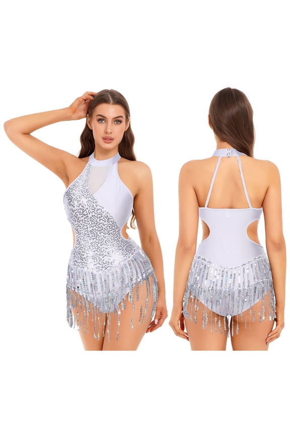 Women Tassel Salsa Latin Dance Dress Sequin Fringe Flapper Leotard Dress Ballroom Dancing Dress Silver XXL