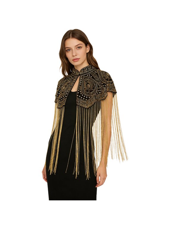 Women Vintage Tassel Evening Cape Flapper Wrap Elegant Lady 1920s Cocktail Party Shawl Wraps Fringed Shawl Sequin Beaded Capes Black Gold Tassel One Size