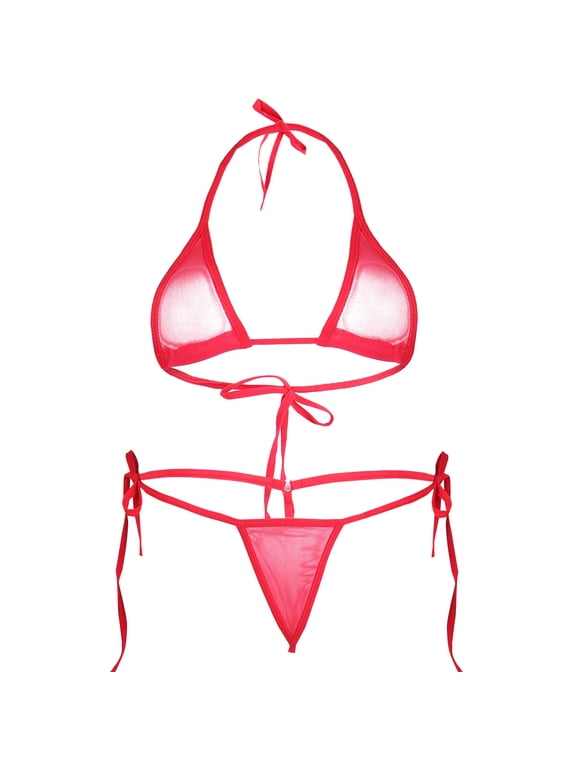 Women's 2Pcs Brazilian Swimwear Charming Bikini Set Tiny Micro Bra Top G-String Briefs Red One Size
