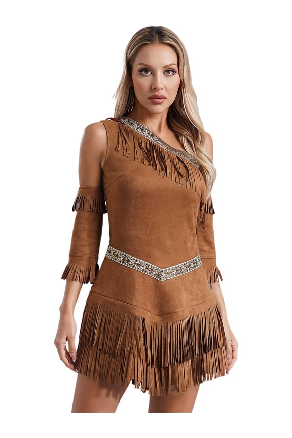 Women's Ancient Roman Greek One Shoulder Fringe Dresses and Tassel Sleeves Brown XXL
