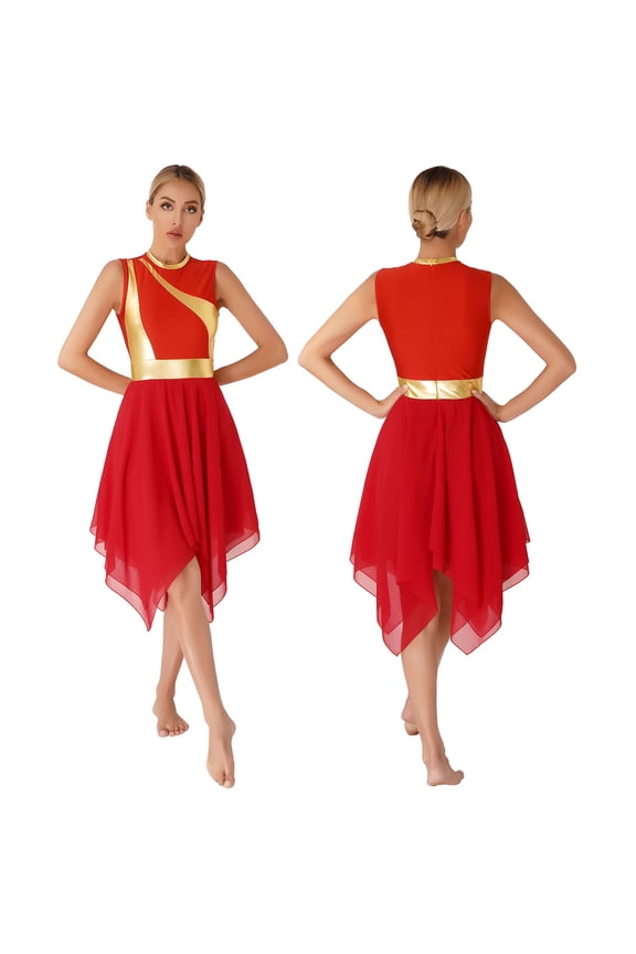 Women's Asymmetrical Color Block Praise Dance Tunic Sleeveless Worship Lyrical Dance Overlay Dress Red M