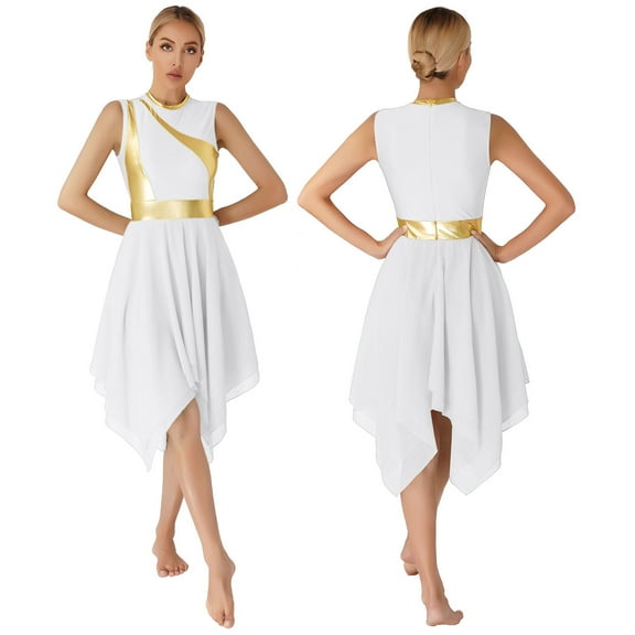 Aiihoo Women's Asymmetrical Color Block Praise Dance Tunic Sleeveless Worship Lyrical Dance Overlay Dress White S