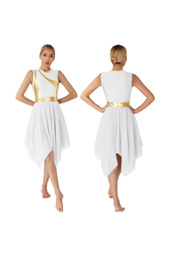 Women's Asymmetrical Color Block Praise Dance Tunic Sleeveless Worship Lyrical Dance Overlay Dress White S