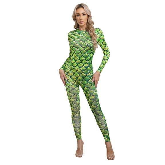 Aiihoo Women's Fish Scale Print Jumpsuit Catsuit Long Sleeve One Piece Skinny Rompers Type F XL