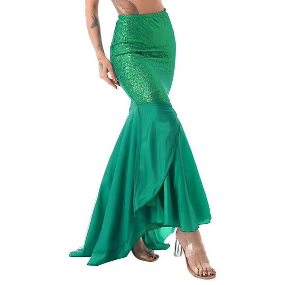 Aiihoo Women's Fish Tail Skirt Shiny Sequin Maxi Skirt Asymmetric Long Maxi Skirt Green L