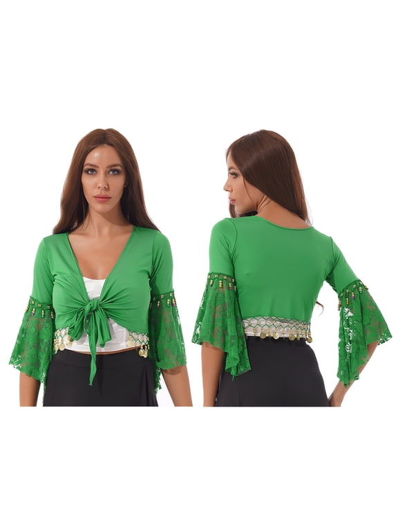 Women's Flare Sleeve Tassel Crop Top Lace-Up Shawl Tops Belly Dance Gypsy Bolero Shrug Cardigan Green XXL