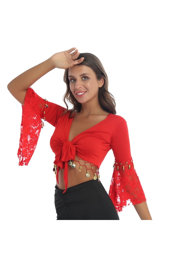 Women's Flare Sleeve Tassel Crop Top Lace-Up Shawl Tops Belly Dance Gypsy Bolero Shrug Cardigan Red 3XL