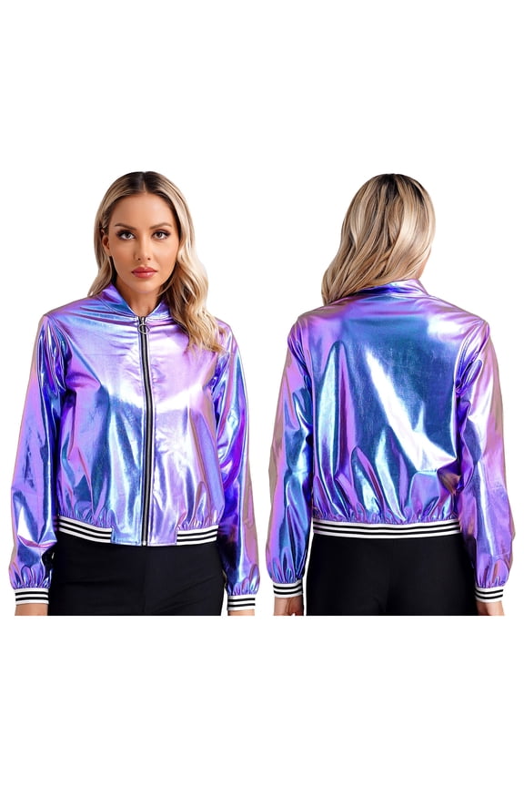 Women's Holographic Jacket Lightweight 90S Shiny Metallic Bomber Jacket Long Sleeve Coat Blue 3XL