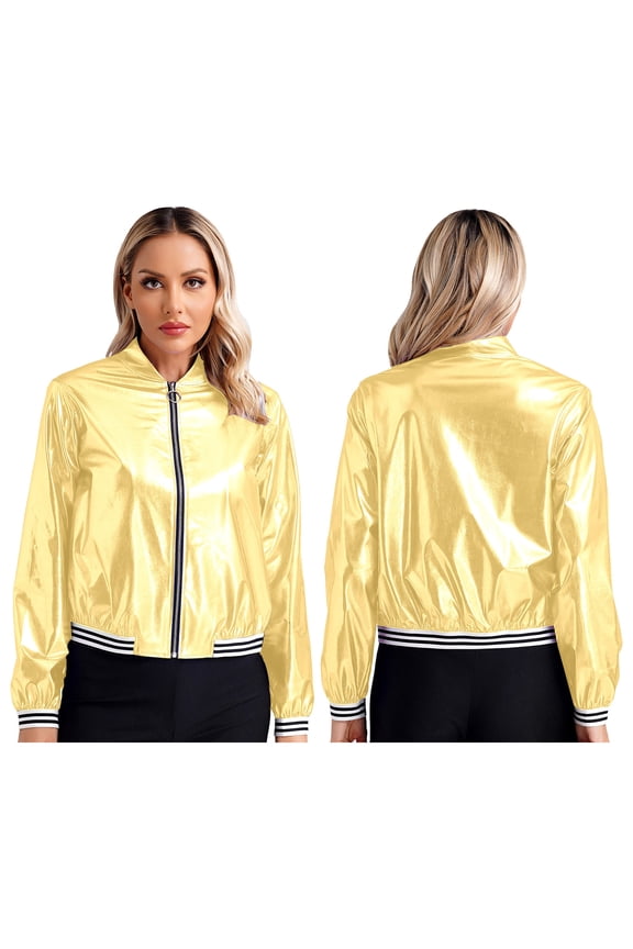 Women's Holographic Jacket Lightweight 90S Shiny Metallic Bomber Jacket Long Sleeve Coat Gold 3XL