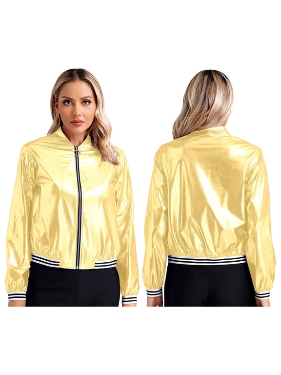 Women's Holographic Jacket Lightweight 90S Shiny Metallic Bomber Jacket Long Sleeve Coat Gold S