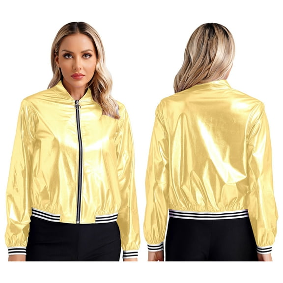 Aiihoo Women's Holographic Jacket Lightweight 90S Shiny Metallic Bomber Jacket Long Sleeve Coat Gold XXL