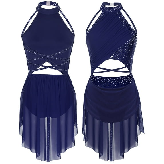 Aiihoo Women's Lyrical Dance Dress Ballet Gymnastics Leotard Dress Latin Jazz Modern Dancewear Navy Blue XXL