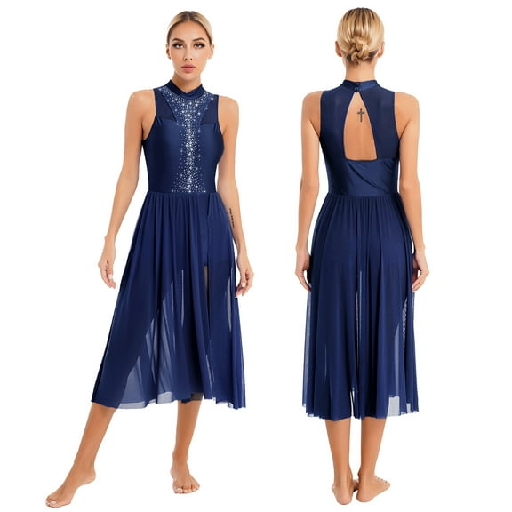 Aiihoo Women's Lyrical Dance Dress Shiny Rhinestone Modern Contemporary Flowy Ballet Dance Leotards Dress Navy Blue L