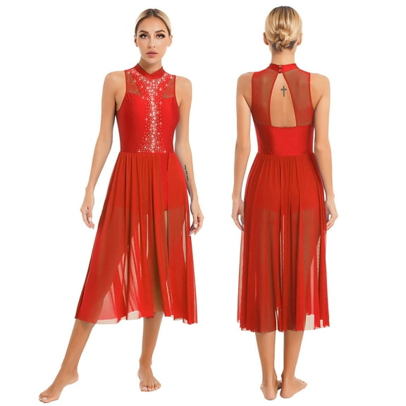 Aiihoo Women's Lyrical Dance Dress Shiny Rhinestone Modern Contemporary Flowy Ballet Dance Leotards Dress Red L