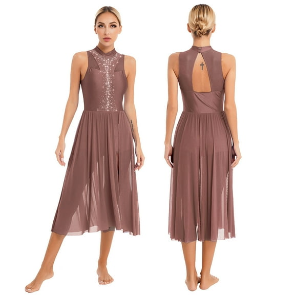 Aiihoo Women's Lyrical Dance Dress Shiny Rhinestone Modern Contemporary Flowy Ballet Dance Leotards Dress Reddish Brown S